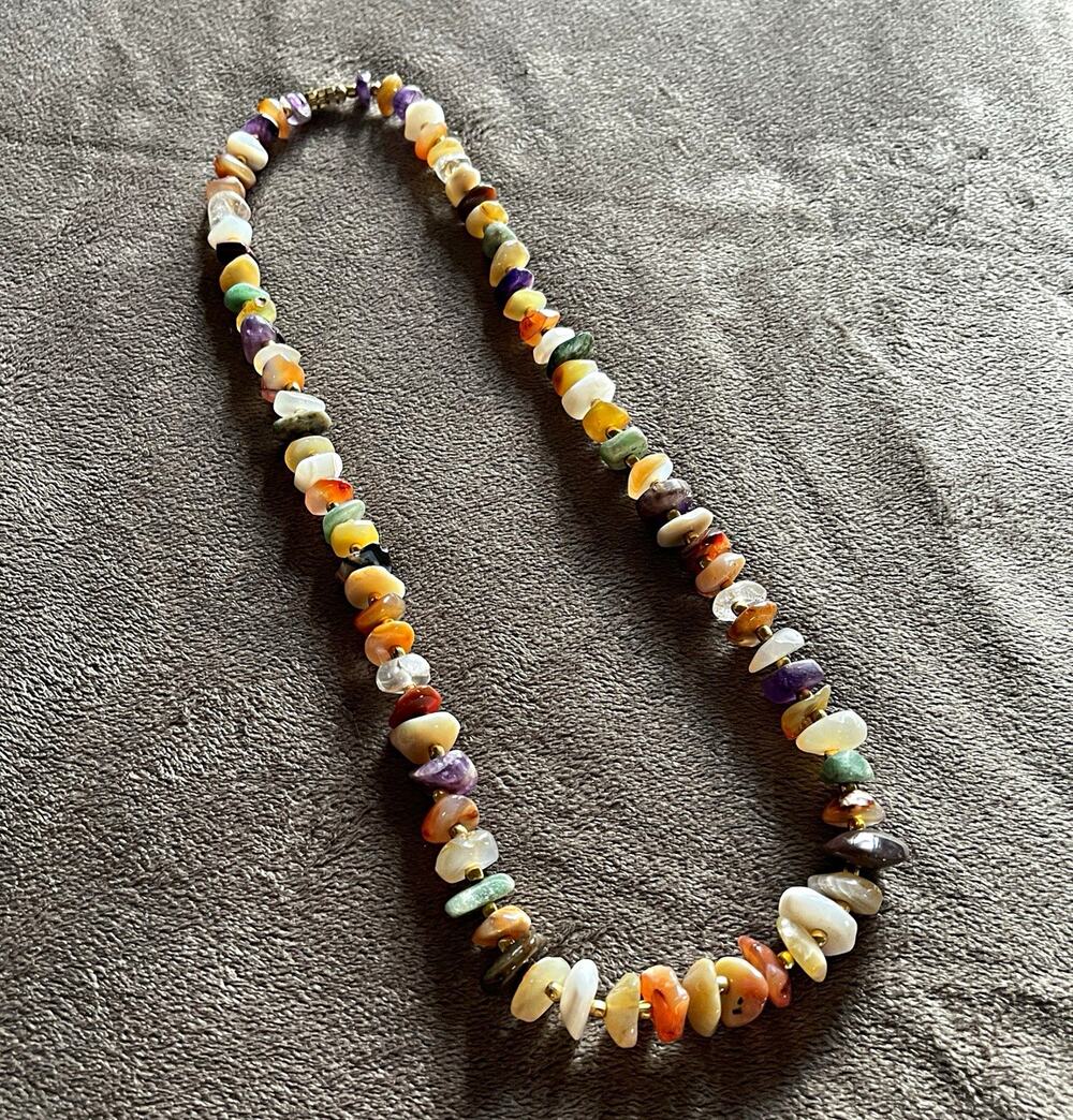 Multicolor Gemstone Chip Bead Necklace Colorful Gold Tone Spacers